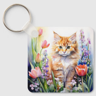 Watercolor Orange Tabby Kitty Cat In Flower Garden Keychain