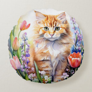 Watercolor Orange Tabby Kitty Cat In Flower Garden Round Pillow