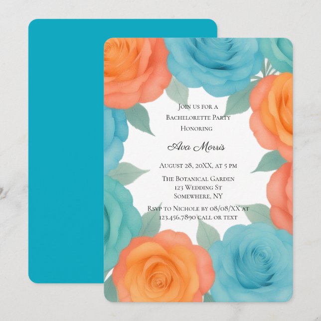 Watercolor Orange & Teal Roses Bachelorette Party Invitation (Front/Back)