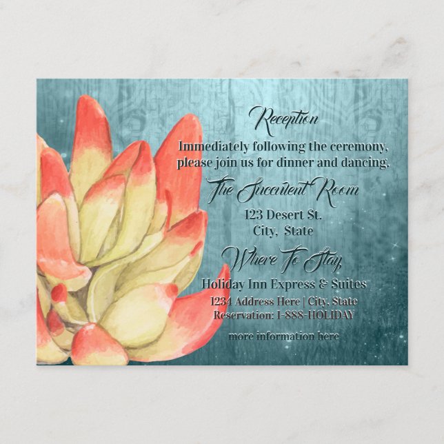 Watercolor Orange-tipped Succulent teal Reception Enclosure Card (Front)