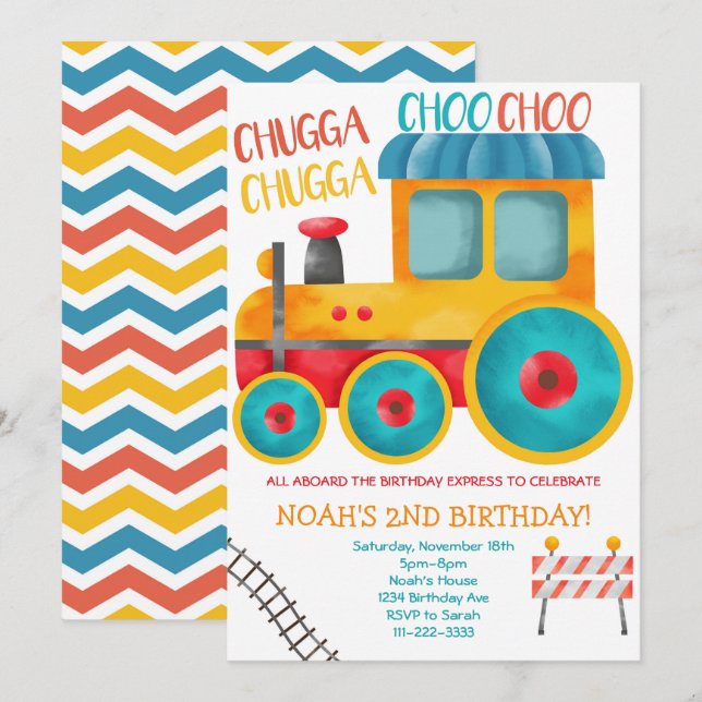 Watercolor Orange Train Invitation Anniversaire (Devant / Derrière)