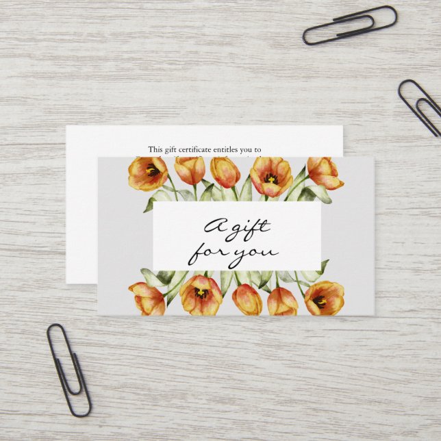 Watercolor orange tulips gift certificate (Front/Back In Situ)