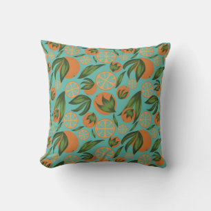 Watercolor Orange Turquoise Botanical Pattern Throw Pillow