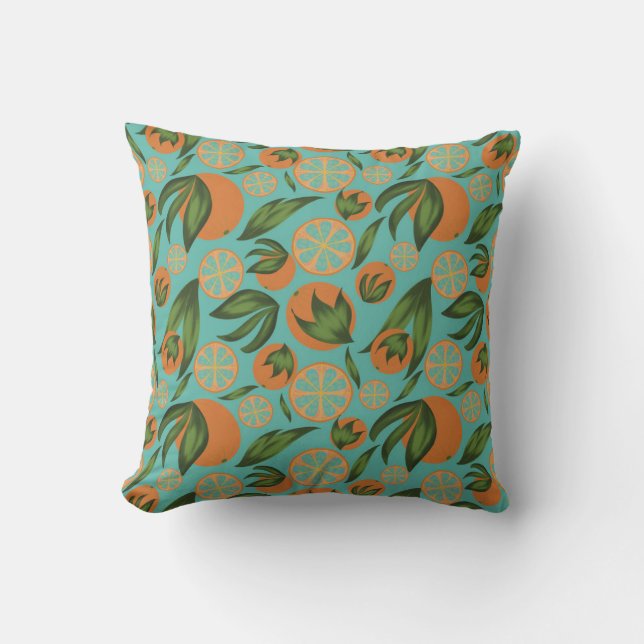 Watercolor Orange Turquoise Botanical Pattern  Throw Pillow (Front)
