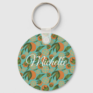 Watercolor Orange Turquoise Botanical Personalized Keychain