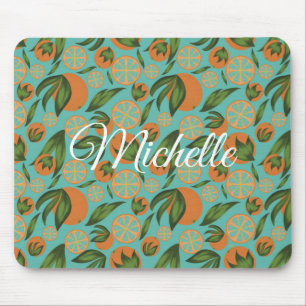 Watercolor Orange Turquoise Botanical Personalized Mouse Pad