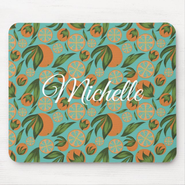 Watercolor Orange Turquoise Botanical Personalized Mouse Pad (Front)