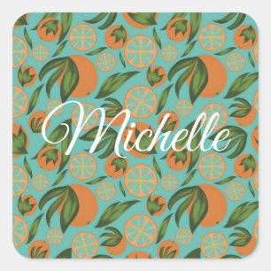 Watercolor Orange Turquoise Botanical Personalized Square Sticker