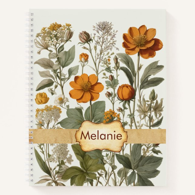 Watercolor Orange Wildflowers | Personalized Name Notebook (Front)