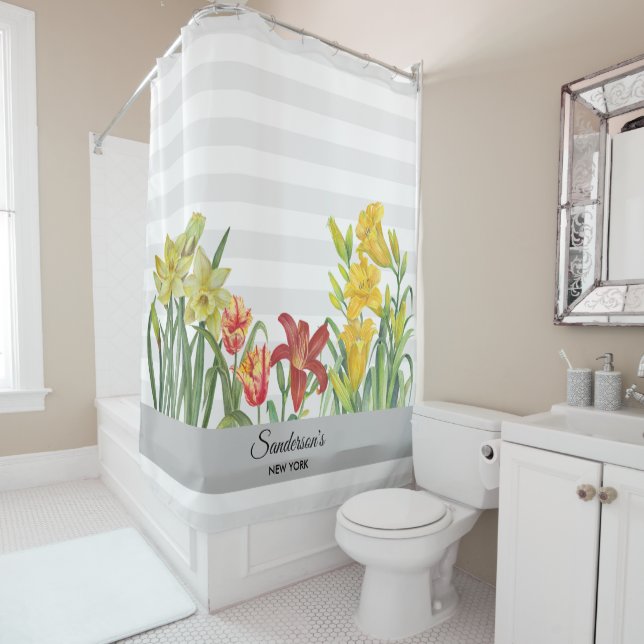 Watercolor Orange Yellow Flower Stripes Shower Cur (In Situ)