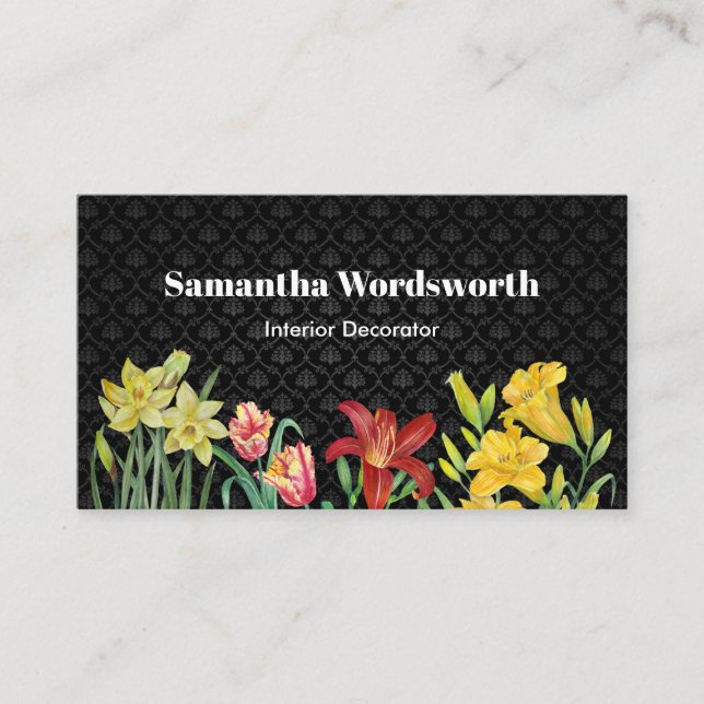 Watercolor Orange Yellow Spring Flowers Damask Business Card (Front)