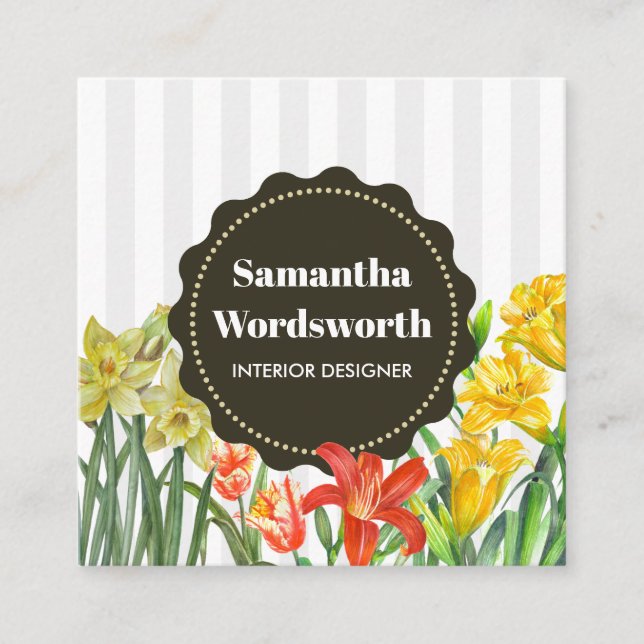 Watercolor Orange Yellow Spring Flowers Square Business Card (Front)