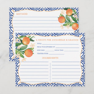 Watercolor Oranges Amalfi Blue Tiles Recipe Card