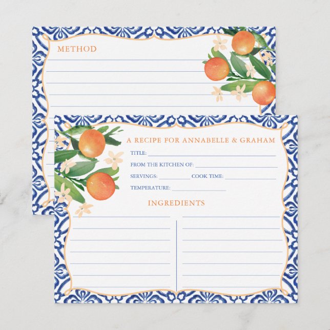 Watercolor Oranges Amalfi Blue Tiles Recipe Card (Front/Back)