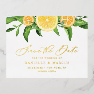 Watercolor Oranges and Lemons Summer Save the Date Foil Invitation Postcard