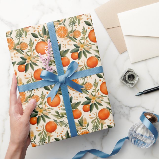 Watercolor Oranges & Blooming Branches Pattern Wrapping Paper (Gifting)