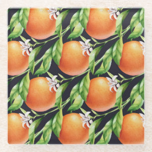 Watercolor Oranges: Citrus Seamless Pattern Glass Coaster
