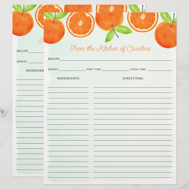 Watercolor Oranges Double Recipe Binder Insert (Front/Back)