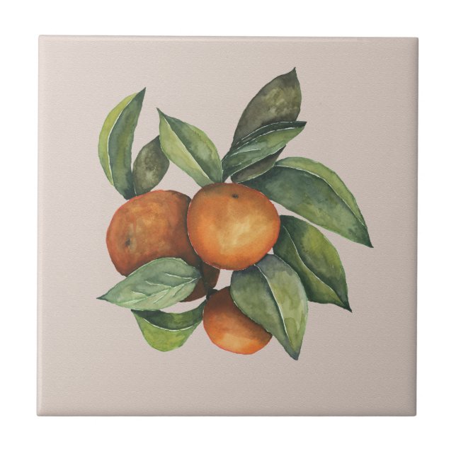 Watercolor Oranges on Taupe Ceramic Tile (Front)