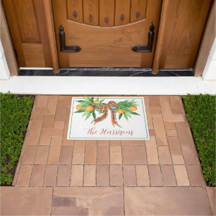 Watercolor Oranges Plaid Bow Christmas Doormat