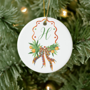 Watercolor Oranges Plaid Bow Christmas Monogram Ceramic Ornament