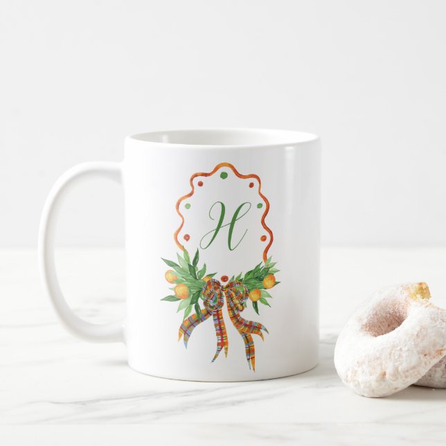 Watercolor Oranges Plaid Bow Christmas Monogram Coffee Mug (With Donut)