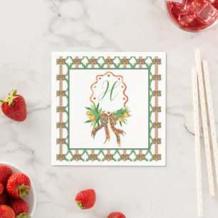 Watercolor Oranges Plaid Bow Christmas Monogram Napkin