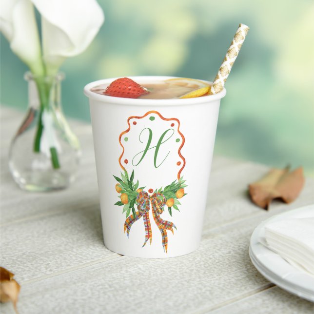 Watercolor Oranges Plaid Bow Christmas Monogram Paper Cups (Insitu)