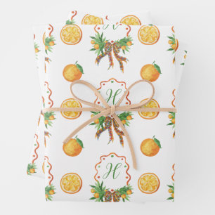 Watercolor Oranges Plaid Bow Christmas Monogram Wrapping Paper Sheet