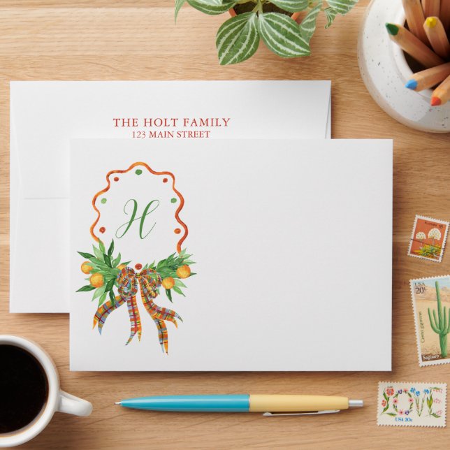 Watercolor Oranges Plaid Bow Monogram Christmas Envelope (Desk)