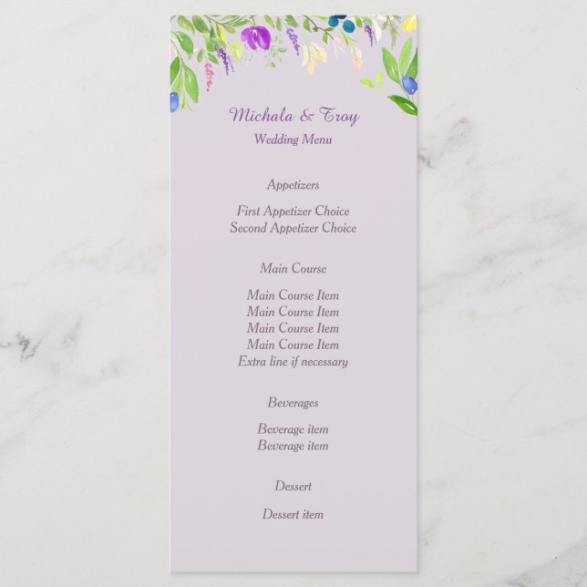 Watercolor Orchid Floral Wedding Menu (Front)