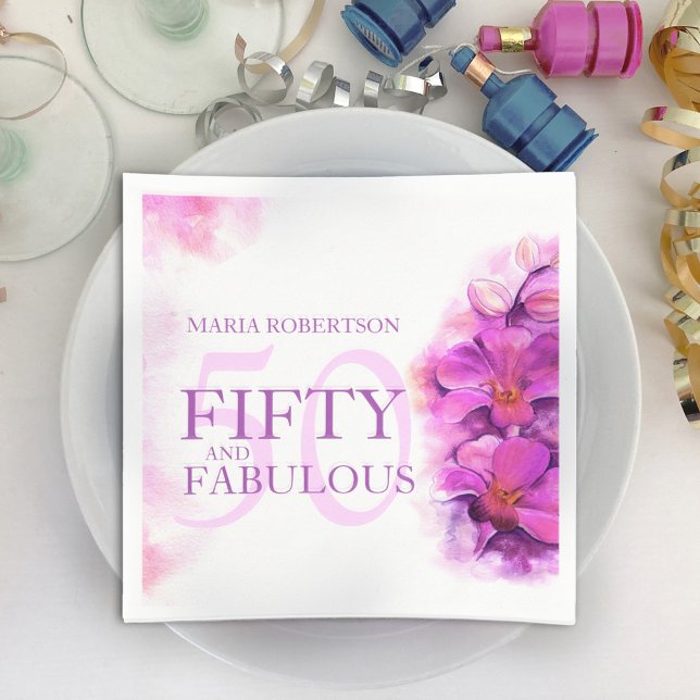 Watercolor orchid flower 50th birthday custom name napkin (Creator Uploaded)
