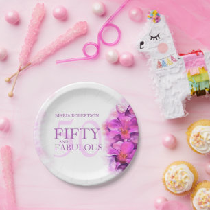 Watercolor orchid flower 50th birthday custom name paper plate