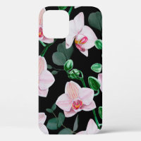 Watercolor orchid flowers and eucalyptus leaves pa