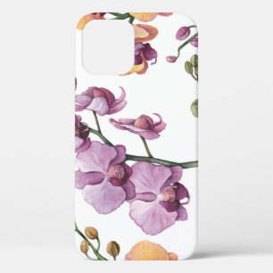 Watercolor orchid flowers, seamless pattern. iPhone 12 case