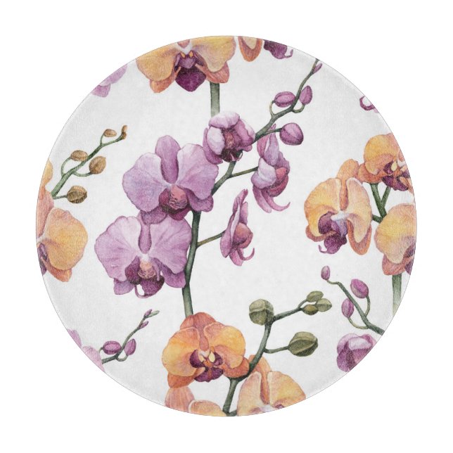 Watercolor orchid flowers, seamless pattern. cutting board (Front)