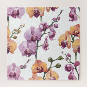 Watercolor orchid flowers, seamless pattern. jigsaw puzzle