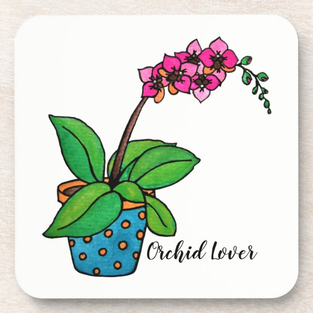 Watercolor Orchid Plant In Beautiful Pot Coaster (Front)