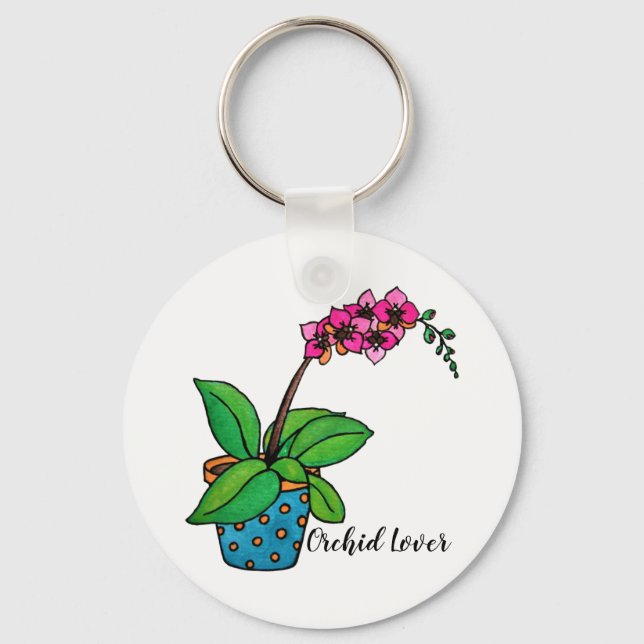 Watercolor Orchid Plant In Beautiful Pot Keychain (Front)