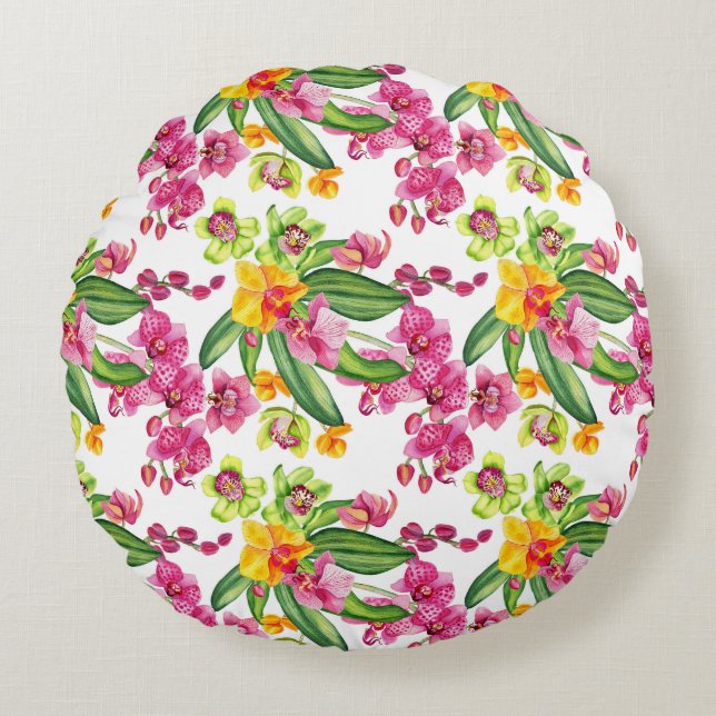 Watercolor Orchids Design 18 Round Pillow (Front)
