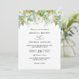 Watercolor Orchids Kumquats Floral QR Code Wedding Invitation