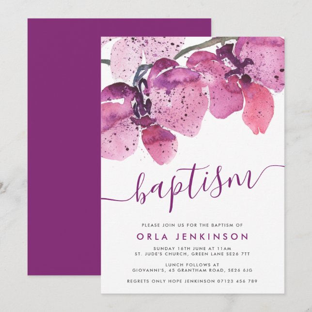 Watercolor Orchids Purple Baptism Invitation (Front/Back)