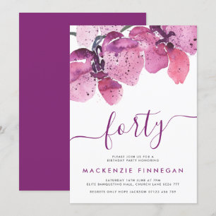 Watercolor Orchids Purple Fortieth Birthday Party Invitation