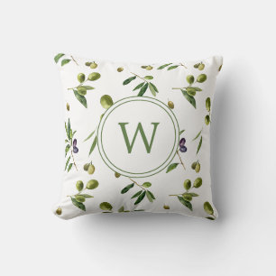 Watercolor Organic Olives Monogram Throw Pillow