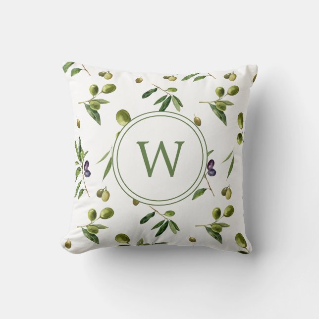 Watercolor Organic Olives Monogram Throw Pillow (Front)