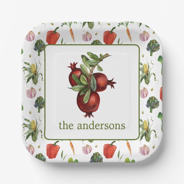 Watercolor Organic Produce Pomegranate Paper Plate (Front)