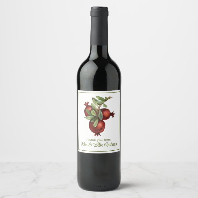 Watercolor Organic Produce Pomegranate Wine Label (Front)