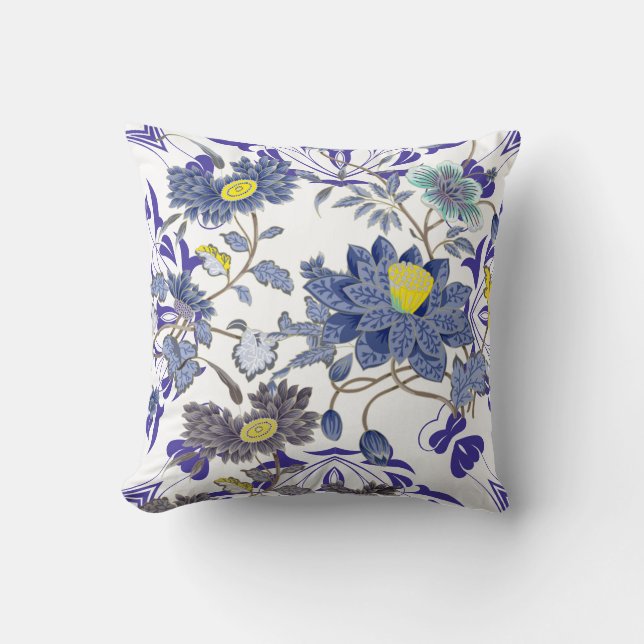 Watercolor Oriental Floral Blue Yellow Throw Pillow (Front)