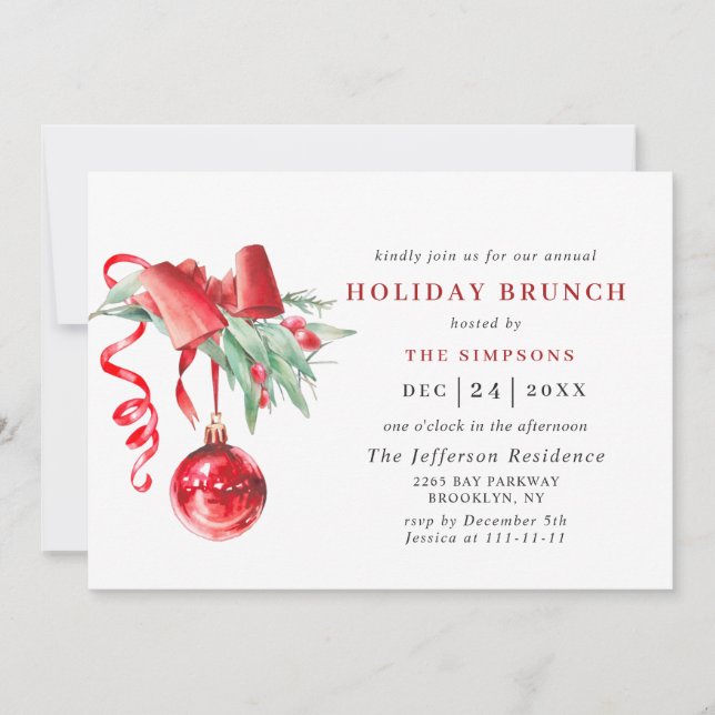 Watercolor Ornament CHRISTMAS HOLIDAY BRUNCH Invitation (Front)