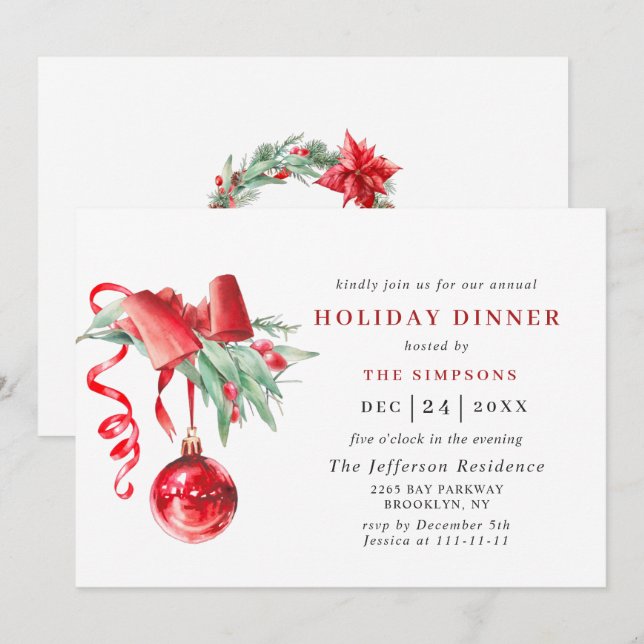 Watercolor Ornament CHRISTMAS HOLIDAY DINNER Invitation (Front/Back)